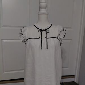 Loft Boho Scalloped Ruffle Sleeve Black Trim White Lined Blouse Size Medium EUC